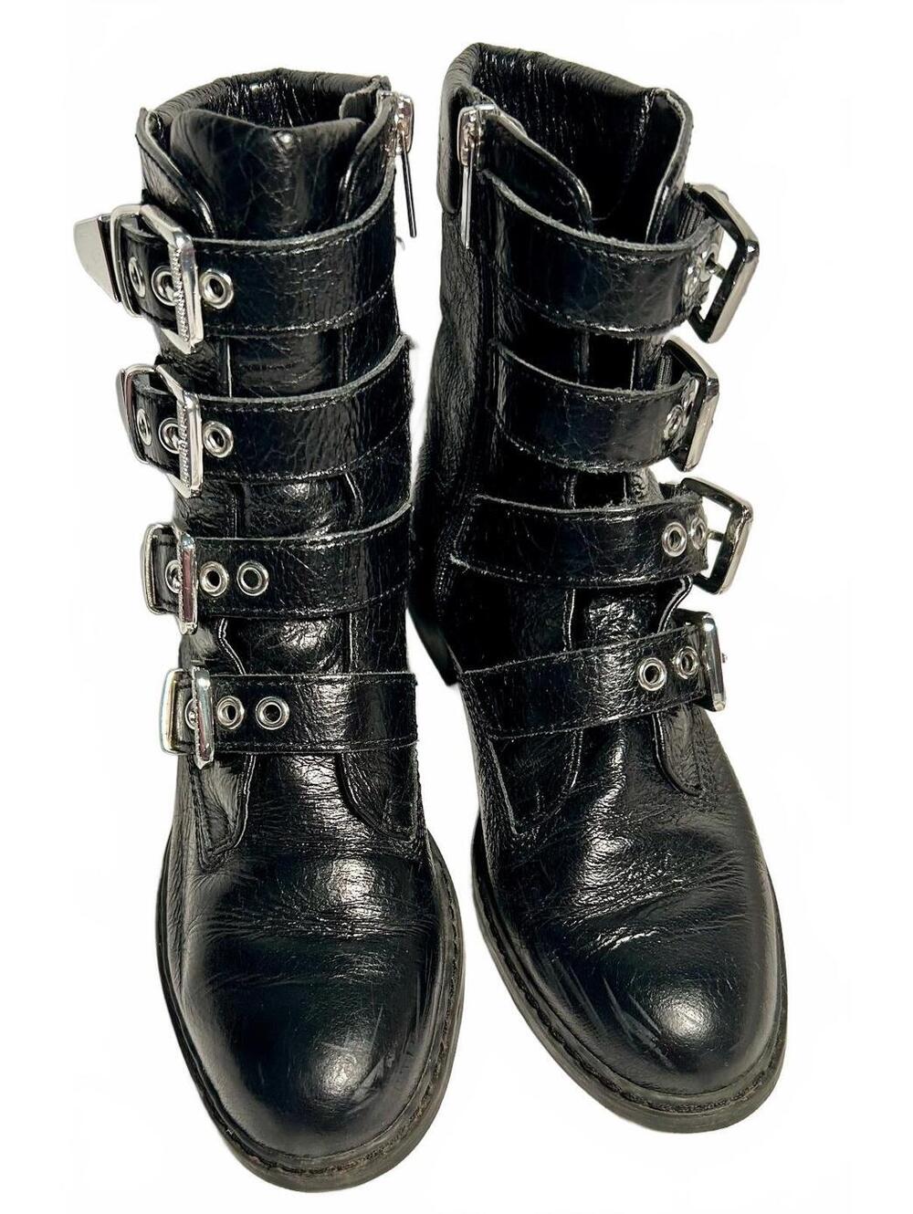 Marc Fisher Leather Womens 6 Black Moto Ankle Boots Buckle Strappy Biker Combat